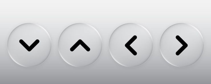 Vettore 3d direction button liquid glass button with arrow symbol up down left right sign modern web user interface element for ui ux design transparent frames and buttons vector illustration