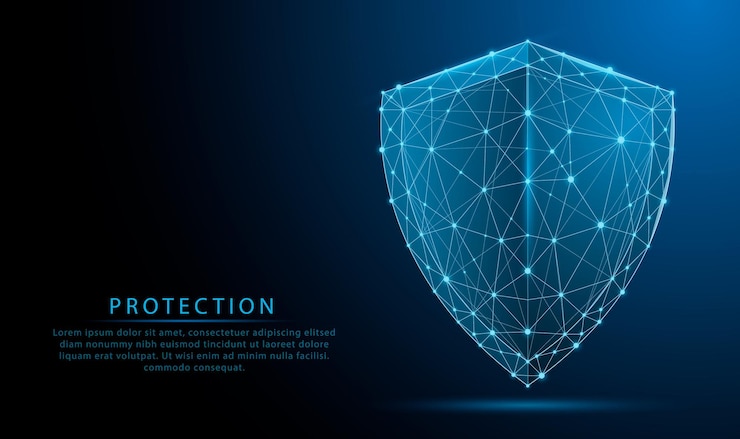 Vettore 3d futuristico incandescente basso simbolo di protezione poligonale scudo su sfondo blu scuro cybersecurity