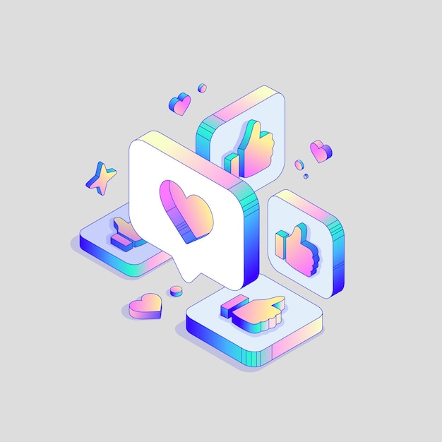 3d Like e Heart Button in diverse dimensioni isometriche in colori olografici