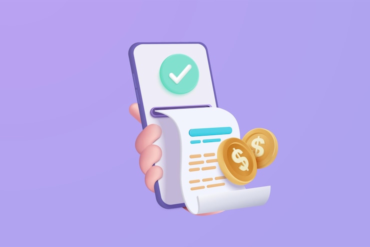 Vettore 3d paga denaro con il concetto di pagamento online bancario del telefono cellulare fattura sulla transazione dello smartphone con moneta mobile con carta finanziaria sullo sfondo illustrazione dell'icona del vettore di pagamento della fattura 3d