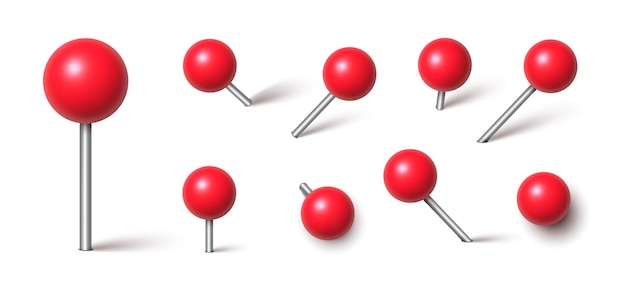 3d pin rosso pin di plastica mappa push pin marcatori di punti thumbtacks con ago e pushpin a testa rotonda per avviso carta posizione o posto puntatore con ombre set isolato vettoriale