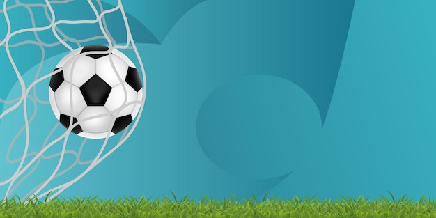 3d rendono il pallone da calcio all'interno della maglia dell'obiettivo sull'erba e sul banner di sfondo con texture blu