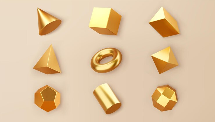 Vettore 3d rendono l'insieme di oggetti di forme geometriche dell'oro isolato su priorità bassa. primitivi realistici lucidi dorati - cubo, cilindro, tubo con ombre. figura decorativa astratta di vettore per il design alla moda.