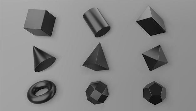 3d rendono l'insieme di oggetti di forme geometriche nere isolato su sfondo grigio. Primitivi realistici neri - cubo, piramide, toro, cono con ombre. Figura decorativa astratta di vettore per il design alla moda.