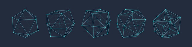 3D vector shapes set Abstract polyhedron forms in geometry style Geometric elements with lines and dots wireframe cube crystals polygon structures Mesh graphic for tech math science concepts