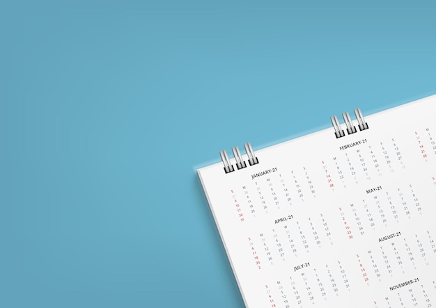 3D Vista dall'alto Calendario bianco 2021 Pianificazione del programma