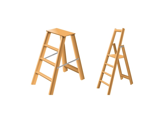 3D Wood Ladder Render Realistic Step Ladder Illustrazione isolata su sfondo bianco