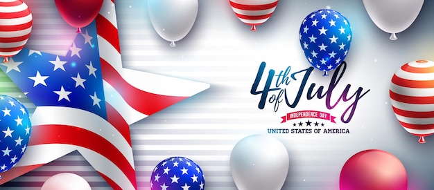 4 luglio Giorno dell'Indipendenza degli Stati Uniti Illustrazione vettoriale con palloncino per feste con motivo bandiera americana