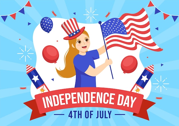 4 luglio Independence Day USA Illustrazione vettoriale con bandiera americana e sfondo di palloncini