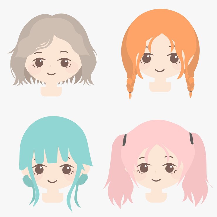 4 ragazze dei cartoni animati con vari tipi di capelli di diversi colori nello stile del verde chiaro e del g chiaro