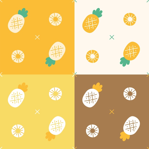 4 stili piatto carino minimo ananas fetta disegno vettoriale bianco giallo marrone sfondo