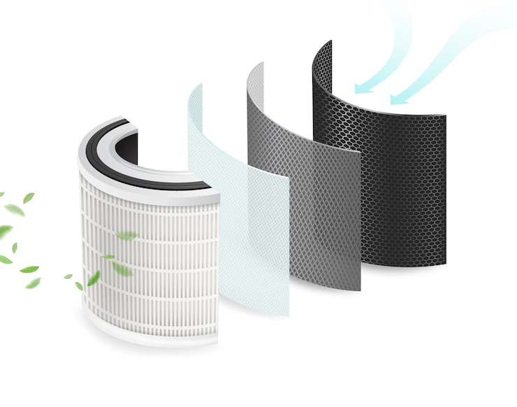 Vettore 4 strati di filtri per l'aria pulita e materiali igienizzanti. filtro inquinamento, virus, batteri, pm2.5, polvere, condizionatore auto. sistema di purificazione dell'aria per essere al sicuro dal virus corona. file realistico.