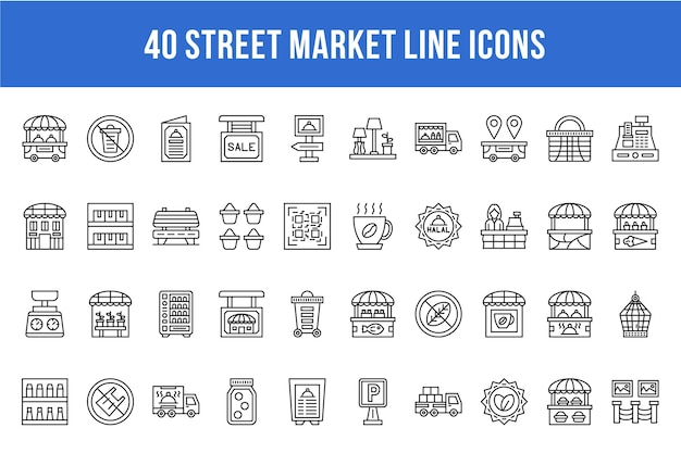 40 icone della linea del mercato di strada