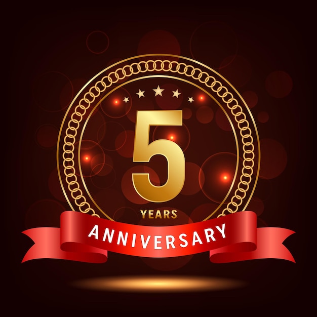 5° anniversario Numero d'oro con coriandoli scintillanti e nastro rosso Modello vettoriale