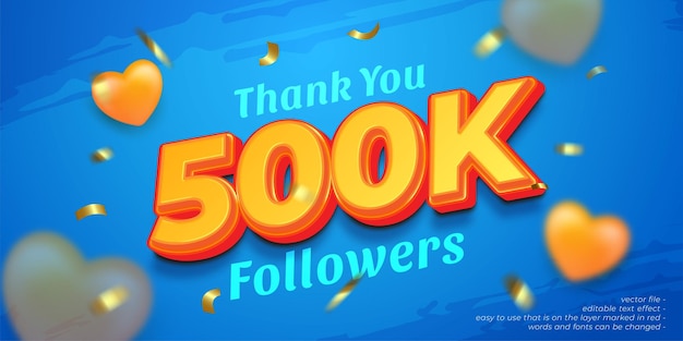500.000 follower celebrano il banner sui social media con palloncino a cuore 3d su sfondo blu