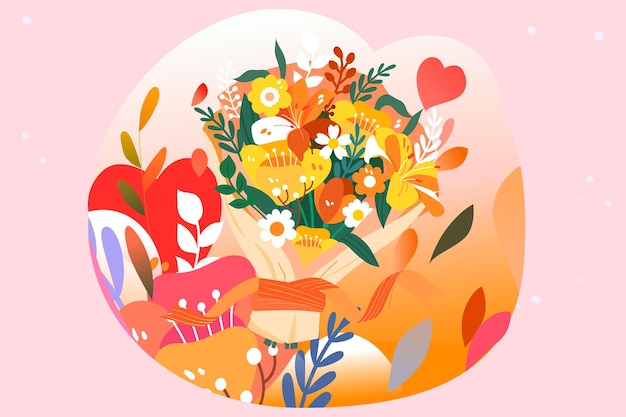 520 coppie di san valentino che si incontrano insieme sfondo con bouquet e piante illustrazione vettoriale