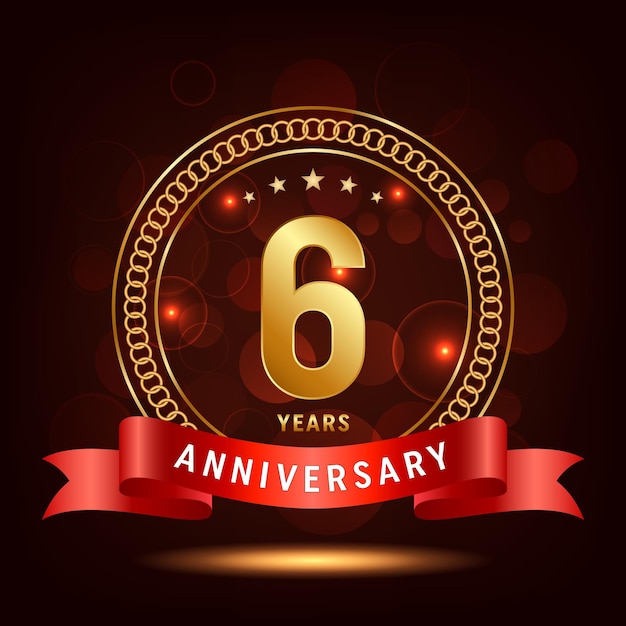 6° anniversario numero d'oro con coriandoli scintillanti e nastro rosso modello vettoriale