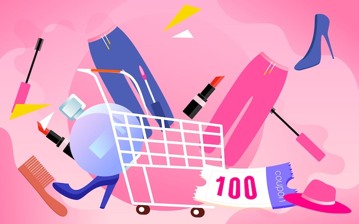 Vettore 618 persone del festival dello shopping che spingono i carrelli della spesa per lo shopping illustrazione vettoriale