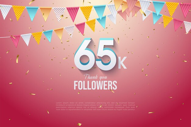 65k follower 65k follower con numeri 3d e bandiere colorate