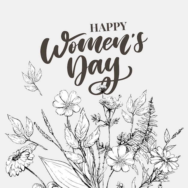8 marzo. Carta di congratulazioni felice giorno della donna con corona floreale lineare