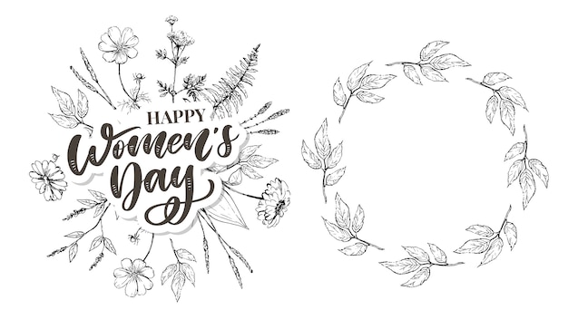 8 marzo. Carta di congratulazioni felice giorno della donna con corona floreale lineare