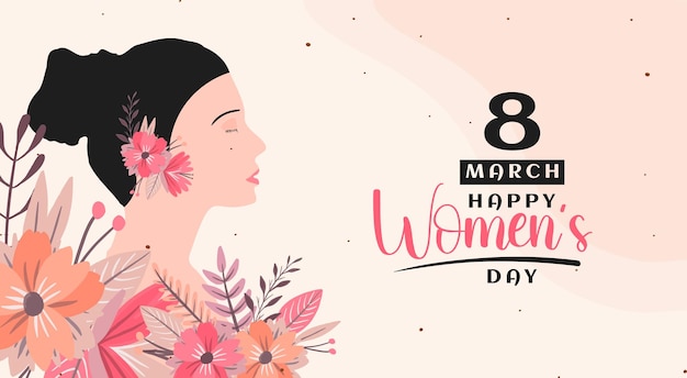 8 marzo, giorno delle donne, disegno di biglietto di auguri con illustrazione di una giovane donna e un fiore