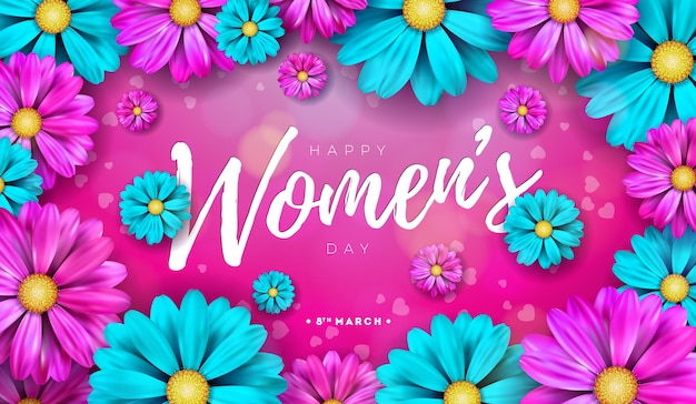 8 marzo International Womens Day Vector Design con fiori primaverili colorati su sfondo rosa