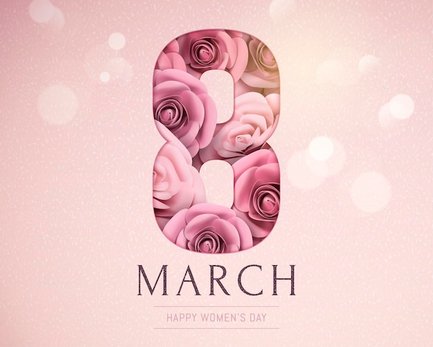 8 marzo Modello di festa della donna felice con rose di carta su effetto bokeh