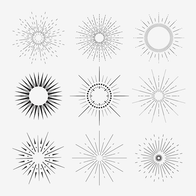 9 Collezione vintage di abbronzature art deco a forma geometrica, raggio di luce. Set di sprazzi di sole vintage in diverse forme.