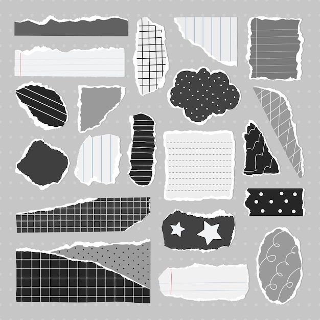 A collection of torn paper pieces with various patterns including grid polka dots and lines Torn paper grid patterns and polka dots on display Gray element vector set