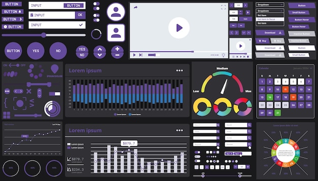 A dark set of interface elements for web and mobile applications with modern icons buttons and graphs ideal for business analytics finance and data management