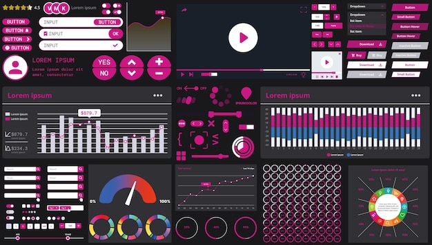 A dark set of interface elements for web and mobile applications with modern icons buttons and graphs ideal for business analytics finance and data management