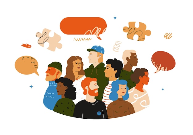a group of different people and various speech bubbles and puzzle pieces above them