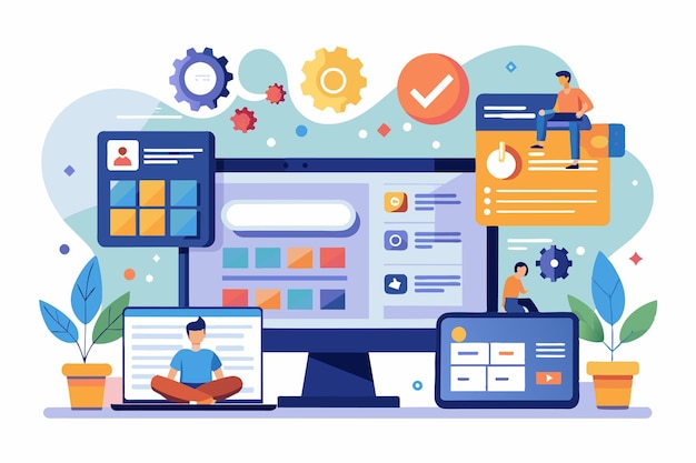 A modern workspace featuring various devices displaying website programming tools and applications website programming management