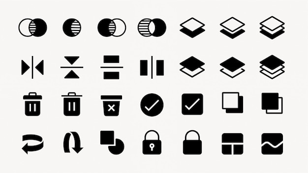 A set of 30 black and white icons Icons include layers checkmarks trash bins and locks Minimalist design with layers and checkmarks featured prominently User interface icons UI icon vector set
