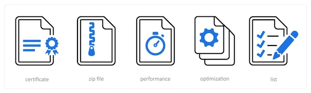 A set of 5 mix icons as certificate zip file performance