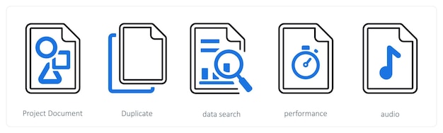 A set of 5 mix icons as project document duplicate data search