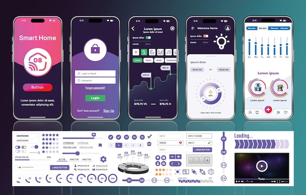 A set of UI UX elements for smart home management mobile apps an interface with buttons panels graphs and navigation for monitoring and controlling automation systems