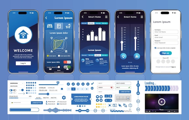 A set of UI UX elements for smart home management mobile apps an interface with buttons panels graphs and navigation for monitoring and controlling automation systems