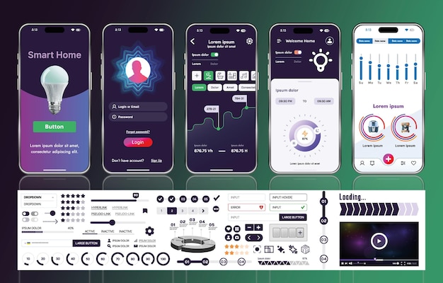 A set of UI UX elements for smart home management mobile apps an interface with buttons panels graphs and navigation for monitoring and controlling automation systems