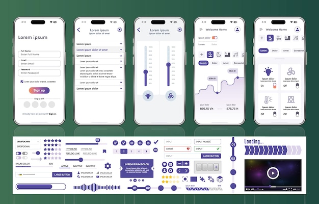 A set of UI UX elements for smart home management mobile apps an interface with buttons panels graphs and navigation for monitoring and controlling automation systems