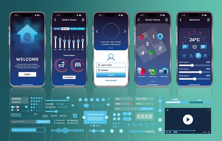 Vettore a set of ui ux elements for smart home management mobile apps an interface with buttons panels graphs and navigation for monitoring and controlling automation systems