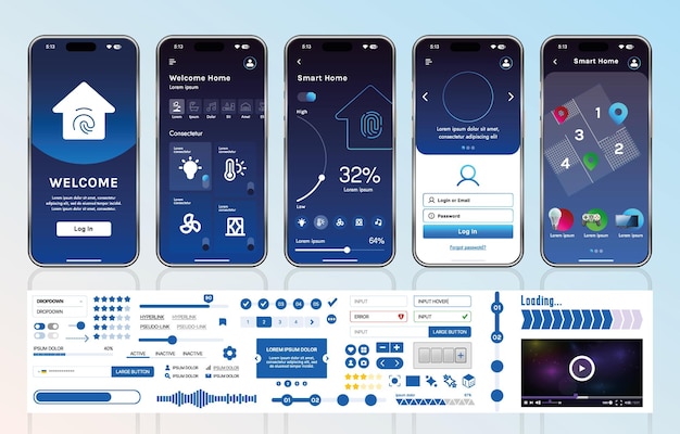 A set of UI UX elements for smart home management mobile apps an interface with buttons panels graphs and navigation for monitoring and controlling automation systems