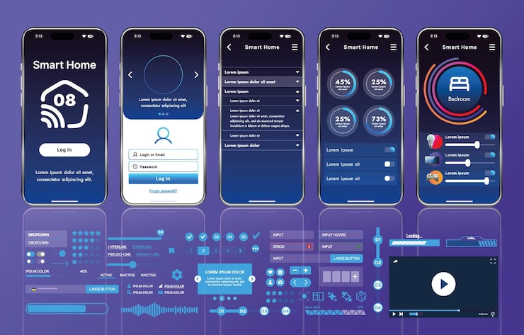 Vettore a set of ui ux elements for smart home management mobile apps an interface with buttons panels graphs and navigation for monitoring and controlling automation systems