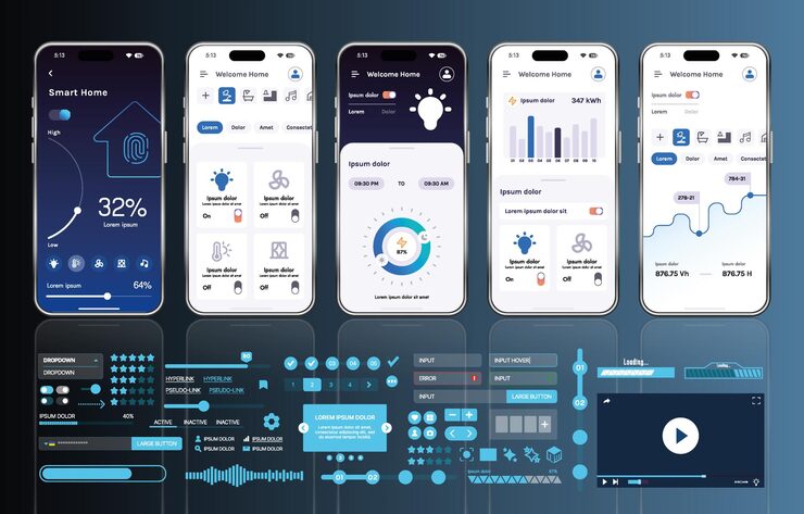 Vettore a set of ui ux elements for smart home management mobile apps an interface with buttons panels graphs and navigation for monitoring and controlling automation systems