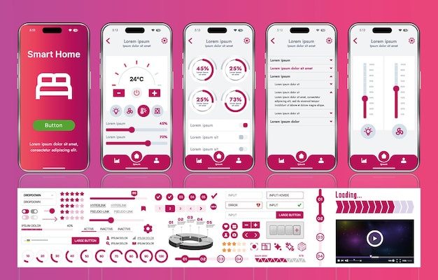 A set of UI UX elements for smart home management mobile apps an interface with buttons panels graphs and navigation for monitoring and controlling automation systems