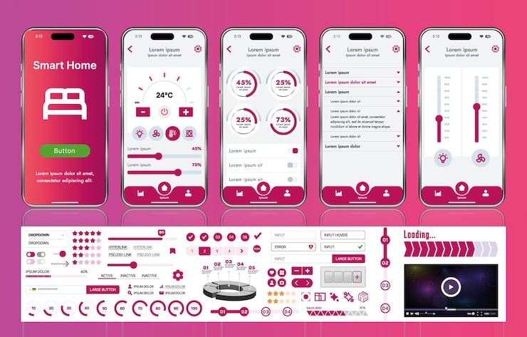 Vettore a set of ui ux elements for smart home management mobile apps an interface with buttons panels graphs and navigation for monitoring and controlling automation systems