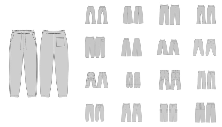Vettore abbigliamento attivo moda illustrazione tecnica pantaloni jogger viste anteriori e posteriori uomini donne unisex