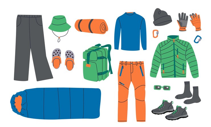 Vettore abbigliamento per escursioni, sport, ricreazione, attività turistica isolata su sfondo bianco, campeggio, pantaloni, scarpe e sacco a pelo per la primavera, l'estate e l'autunno