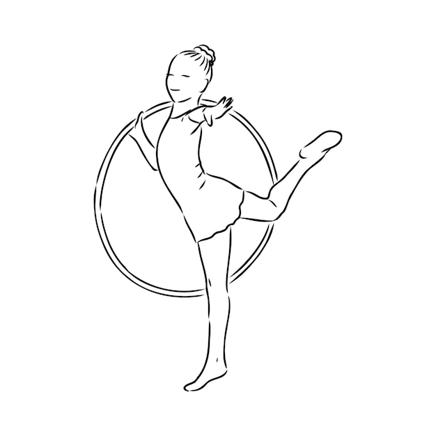 Abbozzo di vettore di ginnastica ritmica Bandiera minimalista di vettore di concorrenza di ginnastica ritmica. Ragazza, donne con nastro. Evento sportivo. Danze ginnaste. Un disegno a linea continua.